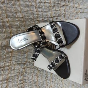Artiva Bella black and silver leather two strap 2" heel. Size 6.5.